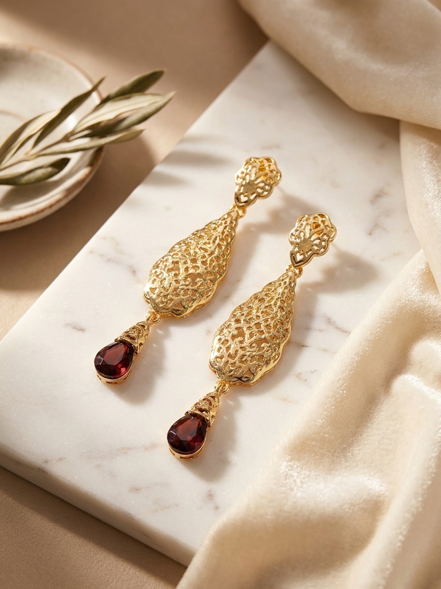 Ornate Filigree Teardrop Dangle Earrings Nude (Dark) - lifestyle