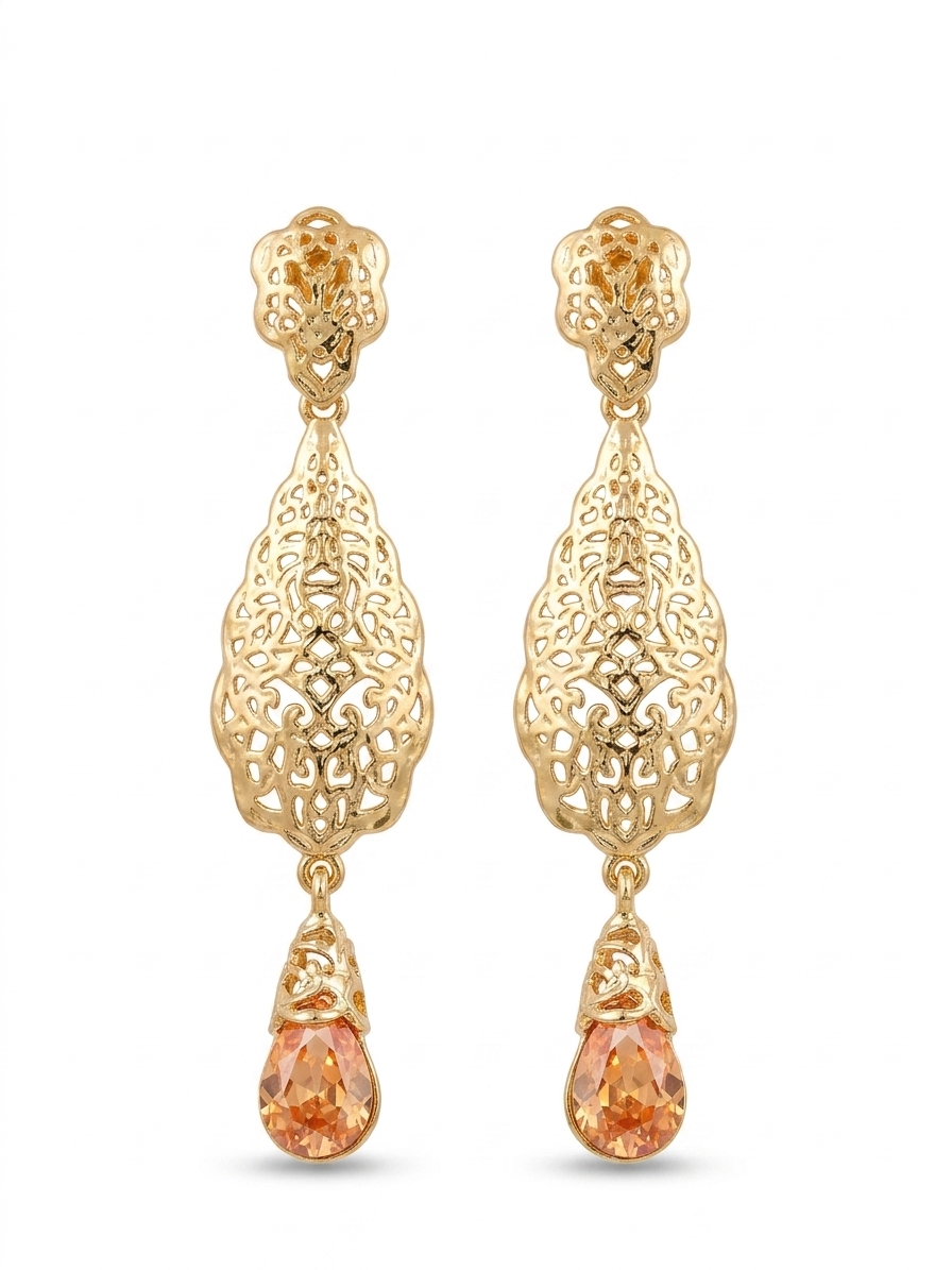 Ornate Filigree Teardrop Dangle Earrings Nude - packshot fond blanc