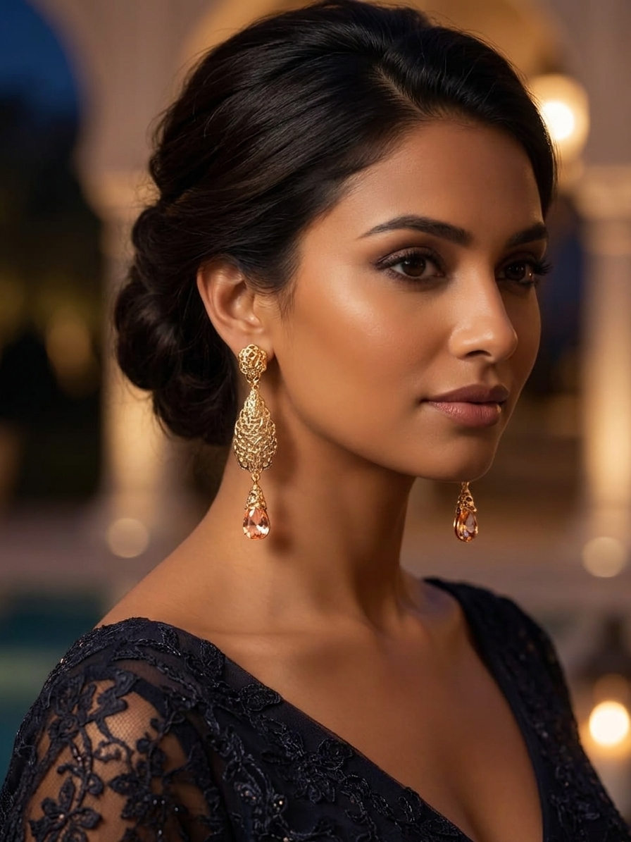 Ornate Filigree Teardrop Dangle Earrings Nude - vue portee