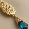 Ornate Filigree Teardrop Dangle Earrings Petrol Blue - zoom detail