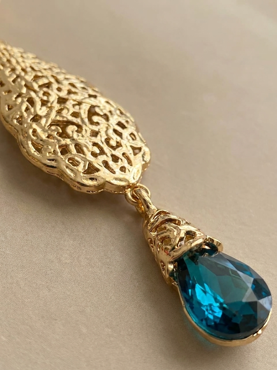 Ornate Filigree Teardrop Dangle Earrings Petrol Blue - zoom detail