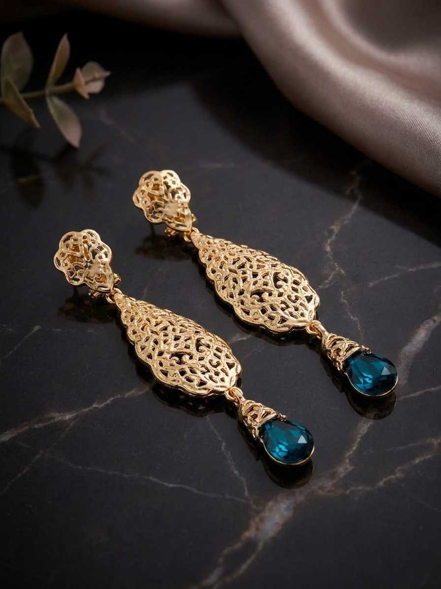 Ornate Filigree Teardrop Dangle Earrings Petrol Blue - lifestyle