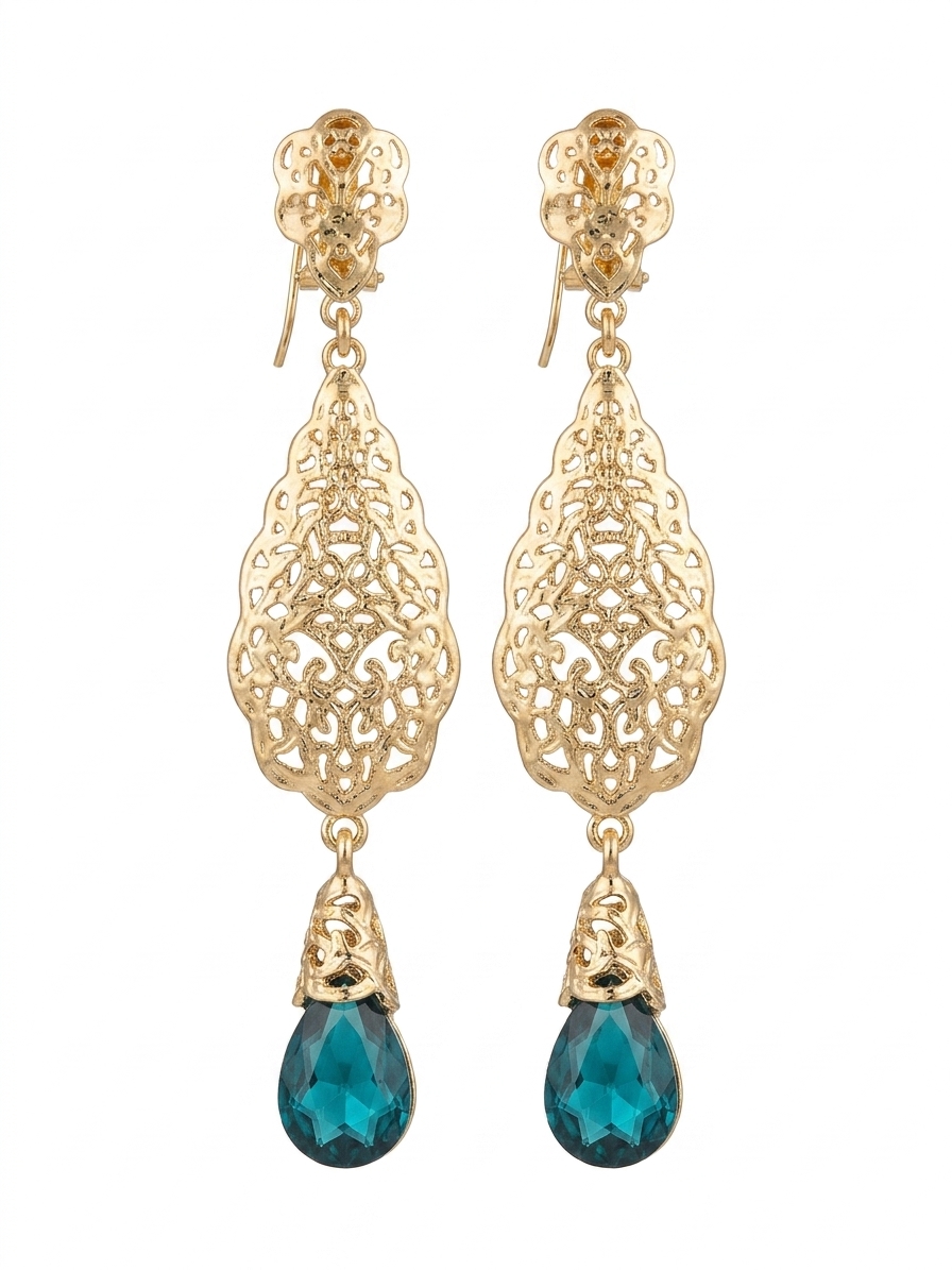 Ornate Filigree Teardrop Dangle Earrings Petrol Blue - packshot fond blanc