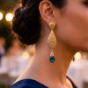 Ornate Filigree Teardrop Dangle Earrings Petrol Blue - vue portee