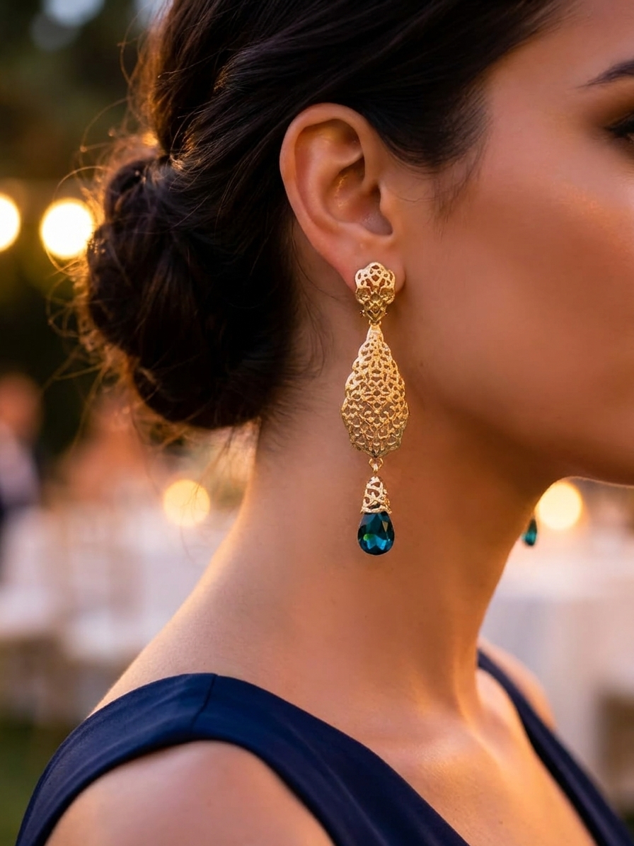 Ornate Filigree Teardrop Dangle Earrings Petrol Blue - vue portee