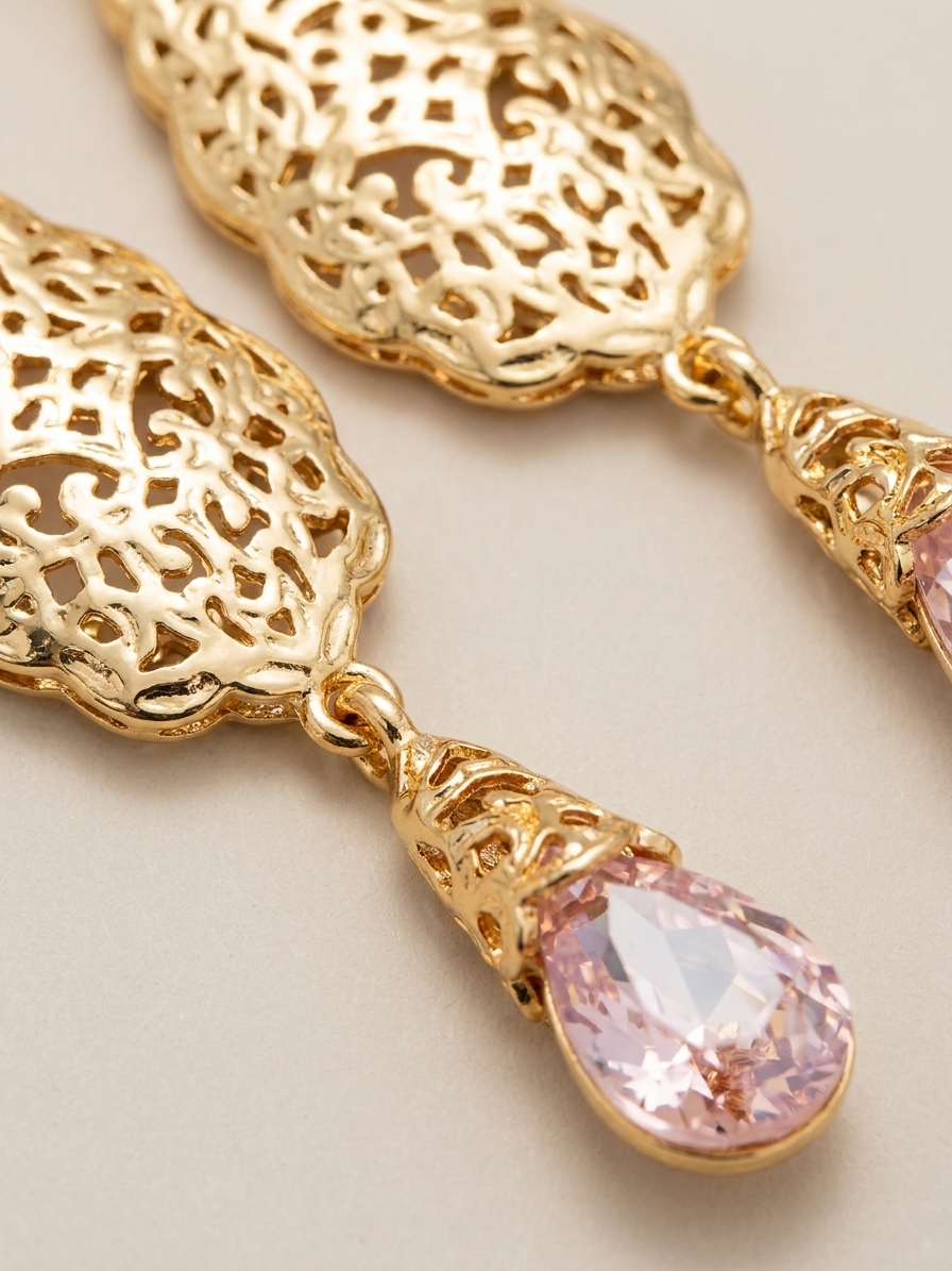 Ornate Filigree Teardrop Dangle Earrings Pink - zoom detail