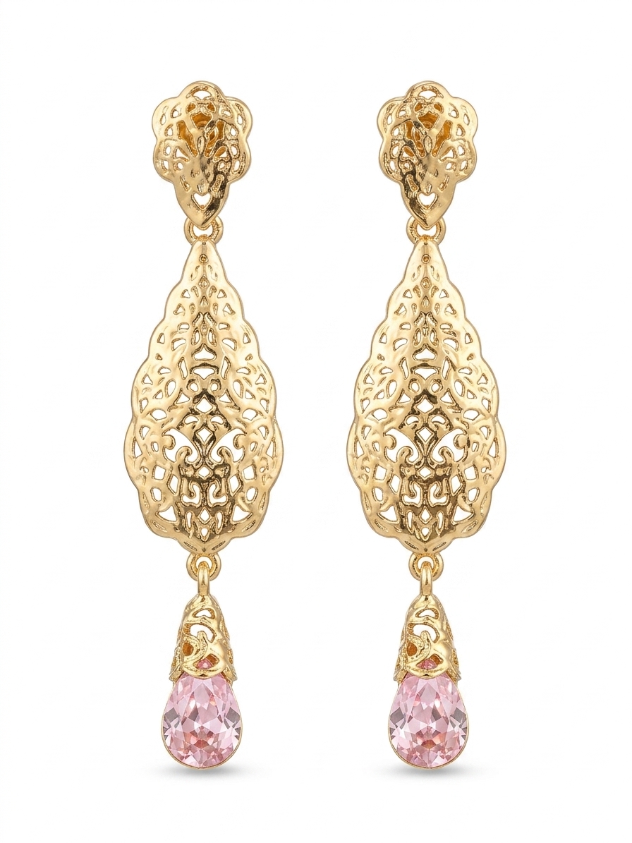 Ornate Filigree Teardrop Dangle Earrings Pink - packshot fond blanc