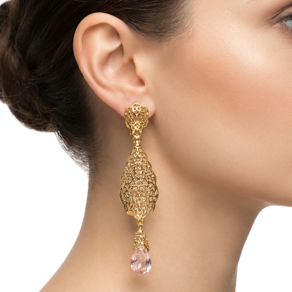 Ornate Filigree Teardrop Dangle Earrings Pink - vue portee