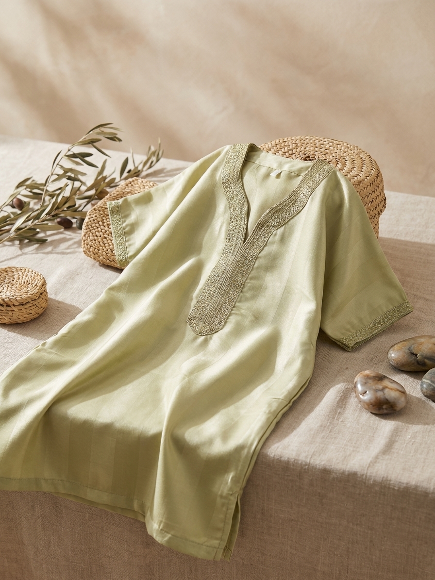 traditional-embroidered-gandoura-almond-green-lifestyle-snp1887 Traditional Embroidered Gandoura Almond Green - lifestyle