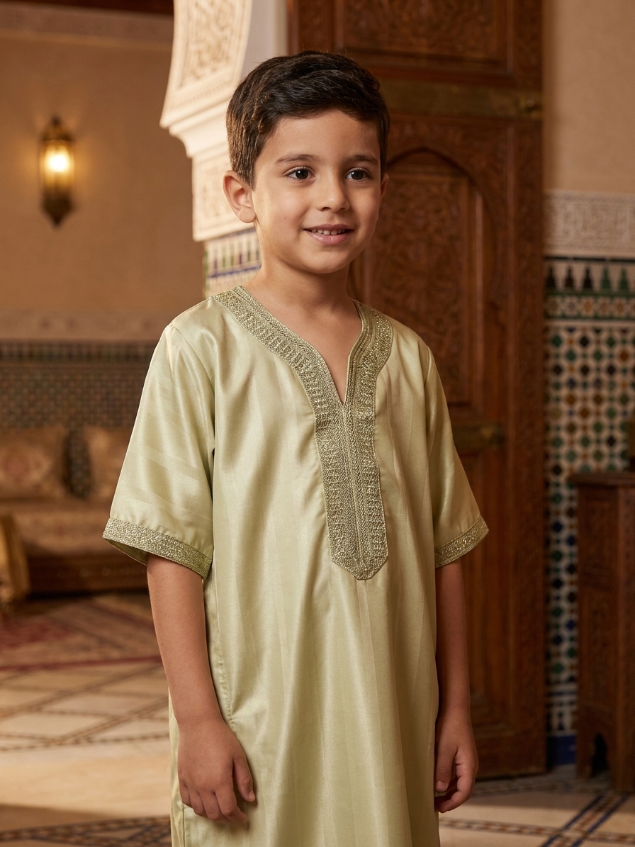 traditional-embroidered-gandoura-almond-green-porte-snp1875 Traditional Embroidered Gandoura Almond Green - vue portee