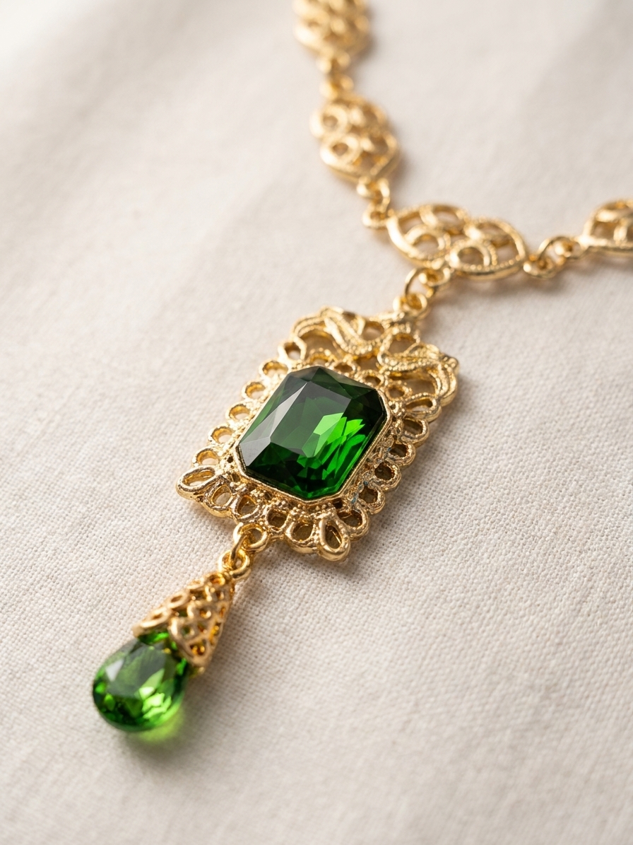 vintage-inspired-ornate-pendant-necklace-almond-green-detail-snp2620 Vintage-Inspired Ornate Pendant Necklace Almond Green - zoom detail