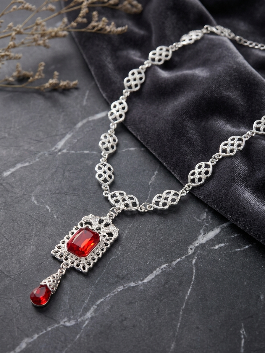 vintage-inspired-ornate-pendant-necklace-bordeaux-lifestyle-snp2599 Vintage-Inspired Ornate Pendant Necklace Bordeaux - lifestyle