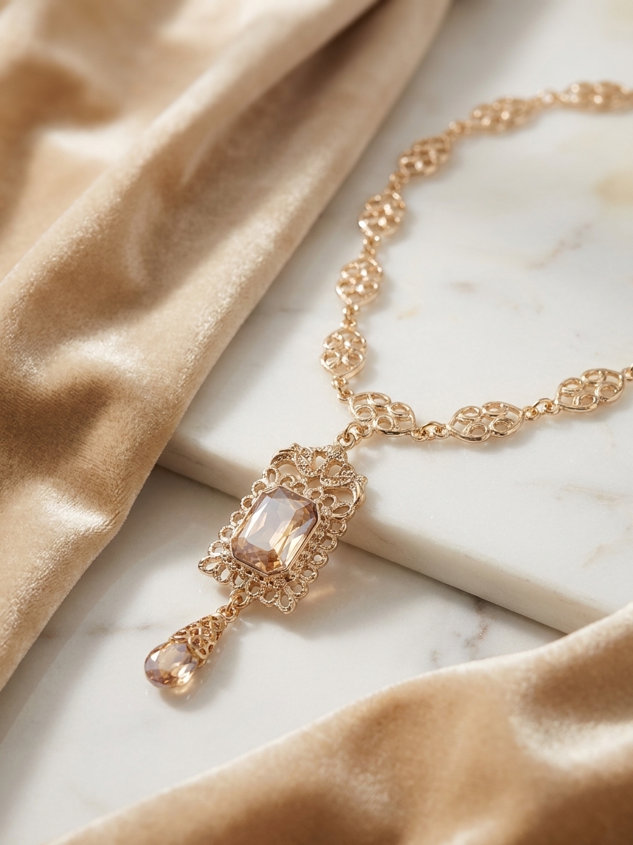 vintage-inspired-ornate-pendant-necklace-champagne-lifestyle-snp2618 Vintage-Inspired Ornate Pendant Necklace Champagne - lifestyle