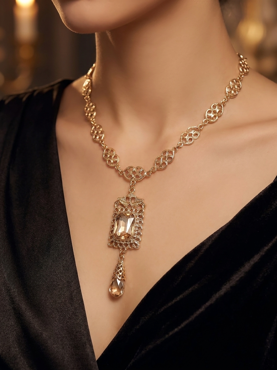 vintage-inspired-ornate-pendant-necklace-champagne-porte-snp2617 Vintage-Inspired Ornate Pendant Necklace Champagne - vue portee