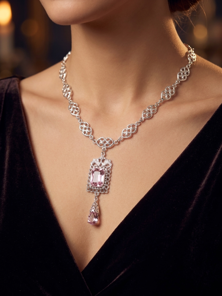vintage-inspired-ornate-pendant-necklace-pink-porte-snp2610 Vintage-Inspired Ornate Pendant Necklace Pink - vue portee